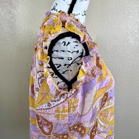 Maison d' Amelie yellow blouse purple paisley print top flutter sleeve size S - Picture 10 of 15